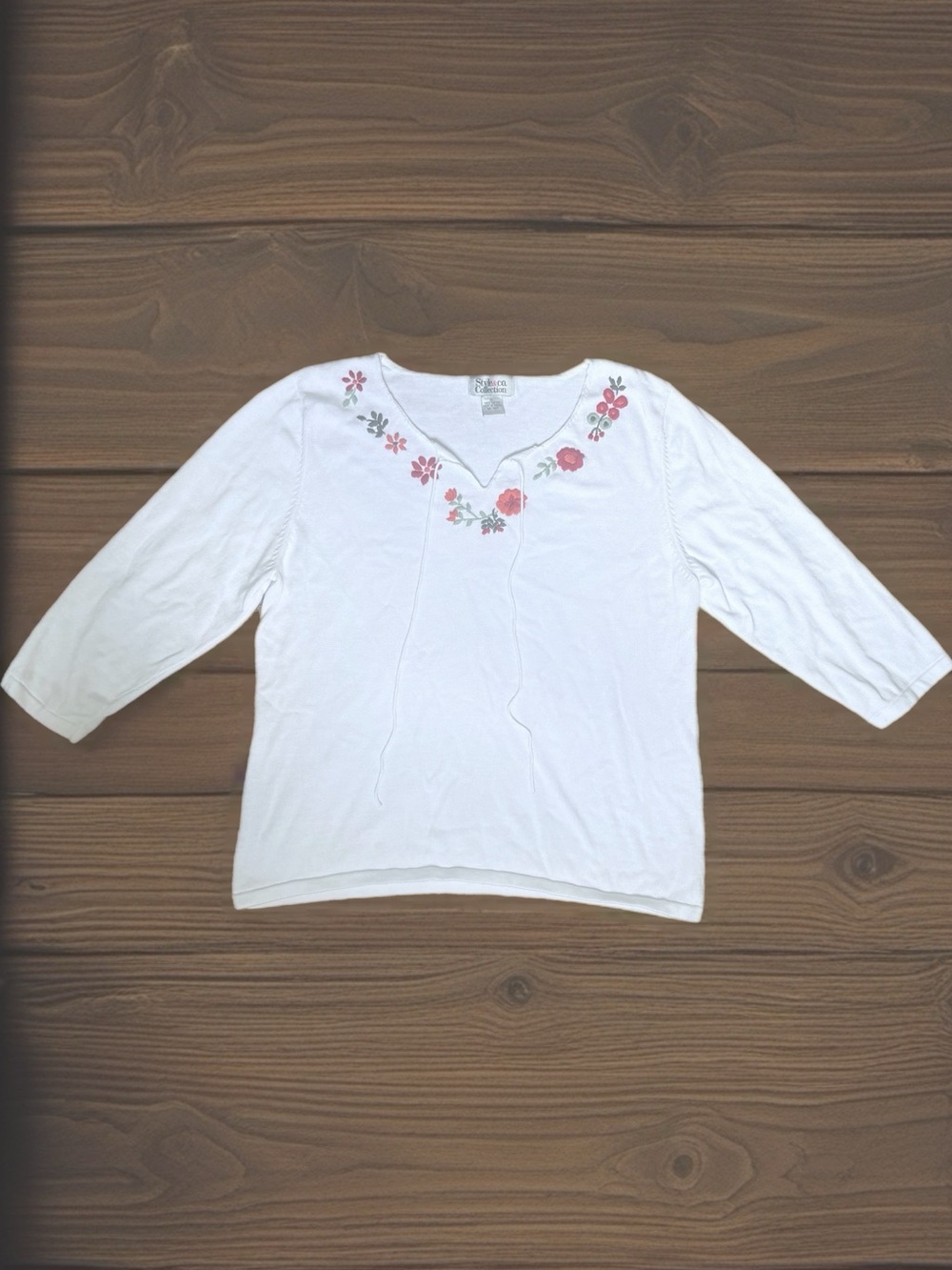 Style & Co 100% Cotton 3/4 Sleeve Floral Embroidery Top